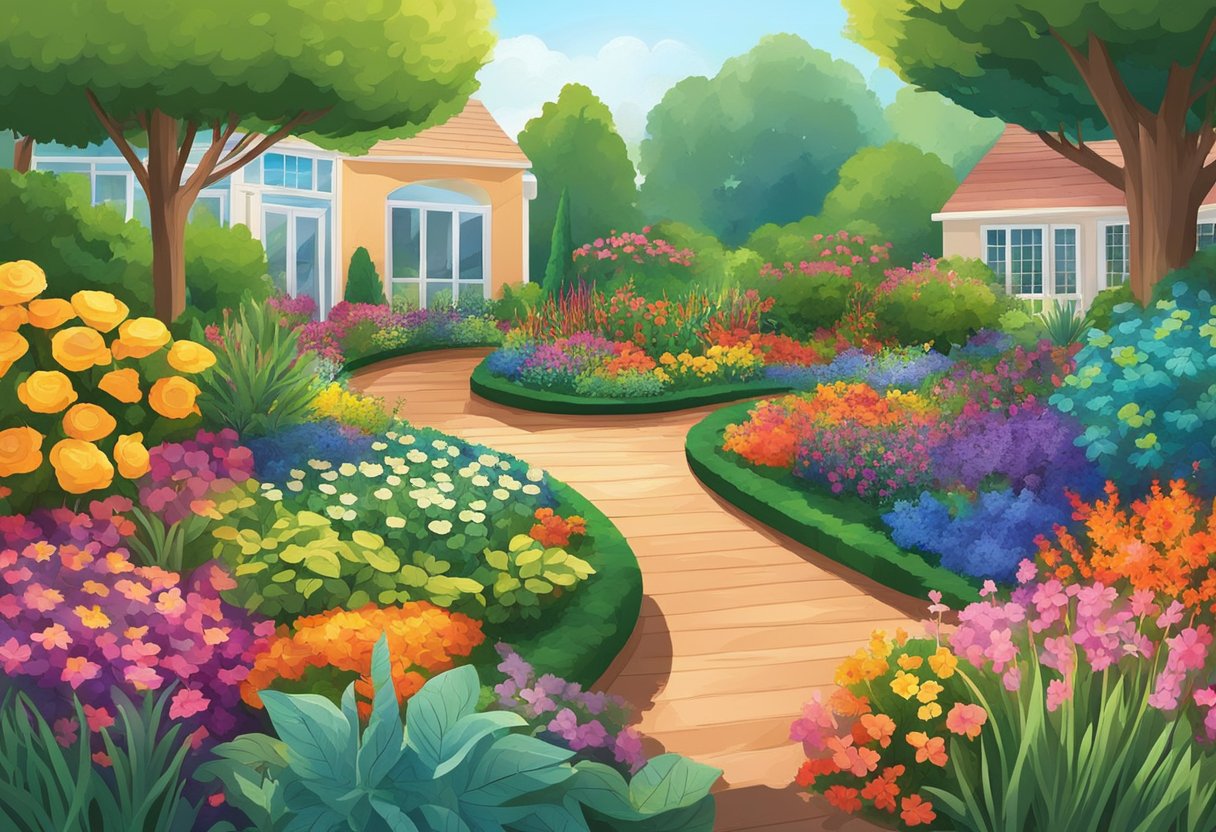 A garden filled with vibrant plants and flowers, surrounded by a layer of rainbow mulch. The sun shines down, highlighting the colorful and beneficial properties of the mulch