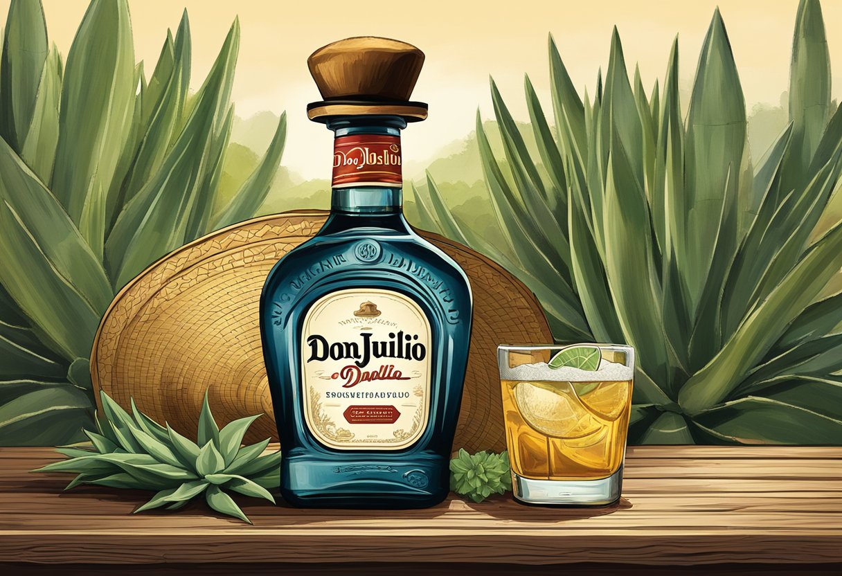 A bottle of Don Julio tequila sits on a rustic wooden table, surrounded by agave plants and a traditional Mexican sombrero