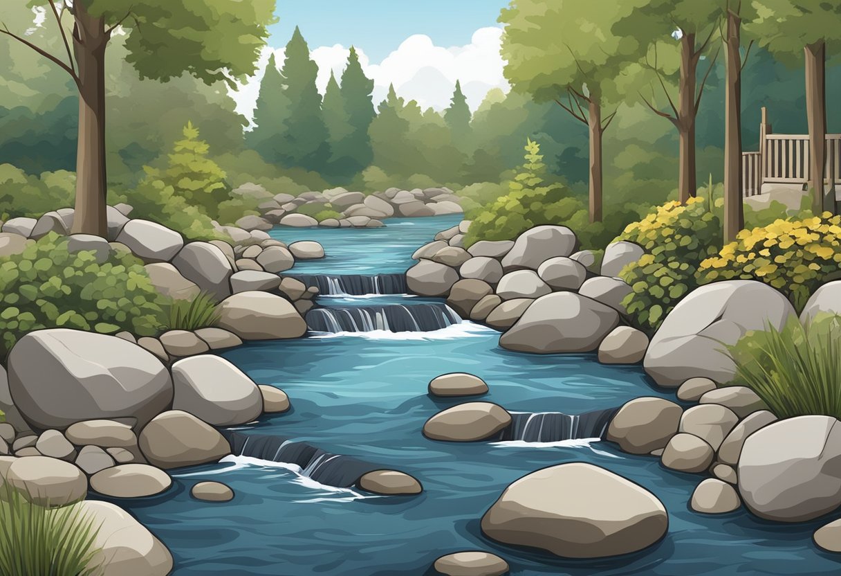 A river flows gently, surrounded by smooth, round river rocks of various sizes. The rocks are spread out evenly, creating a natural and low-maintenance mulch for the surrounding landscape