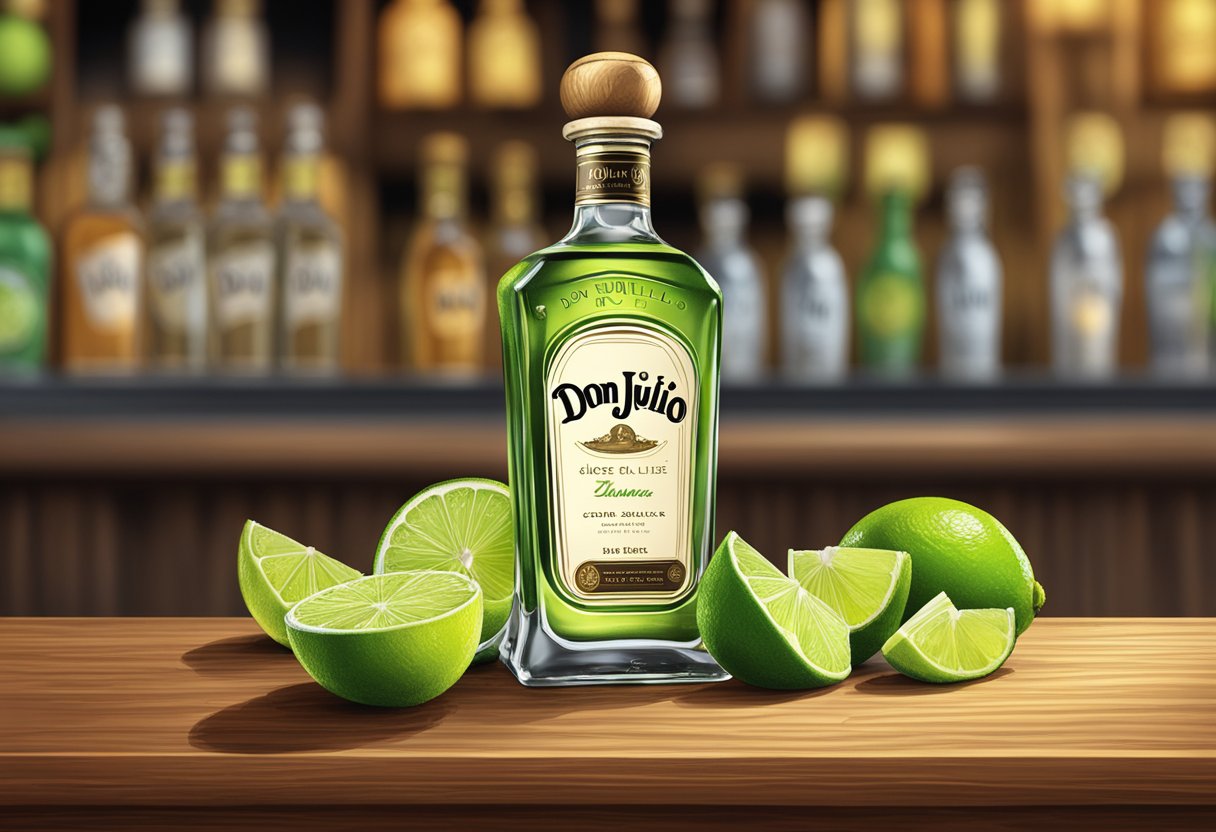 A bottle of Don Julio tequila placed on a wooden bar counter, surrounded by lime slices and salt shakers, with a price tag visible nearby