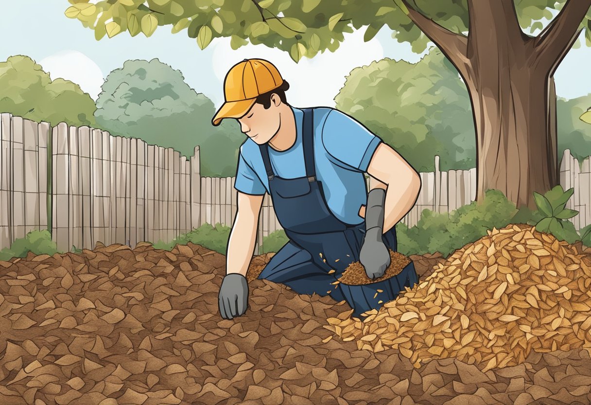 A person spreading mulch around the base of a tree, using a variety of organic materials such as wood chips, straw, and leaves