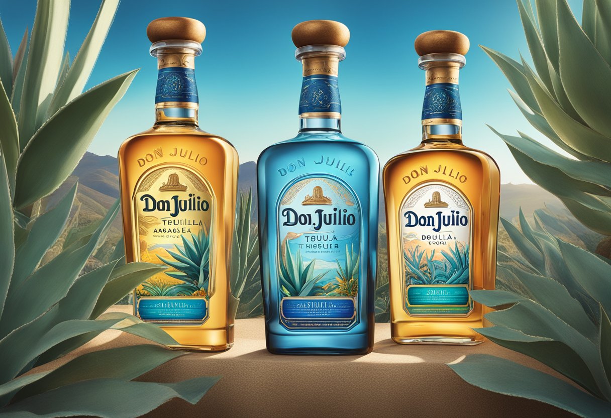 Bottles of Don Julio Tequila displayed with holographic labels and embossed logos, surrounded by agave plants and a distillery backdrop