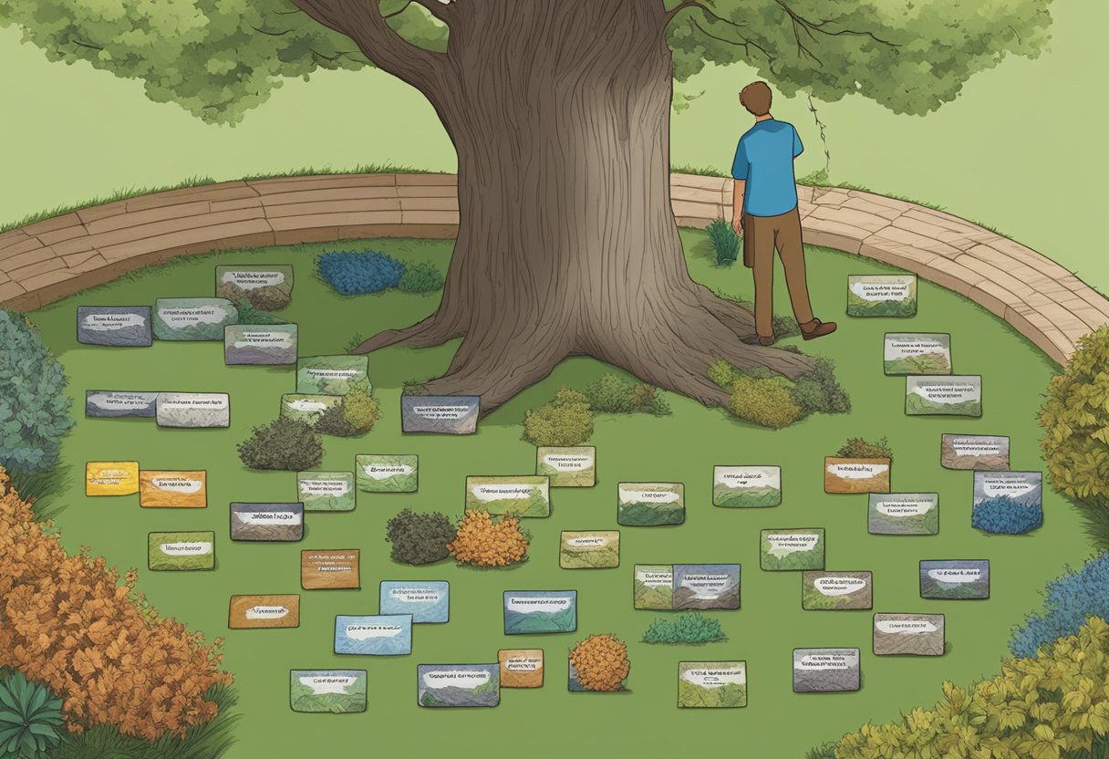 A variety of mulch types are laid out in a tree-filled garden. Labels indicate different options, with a person contemplating their choices