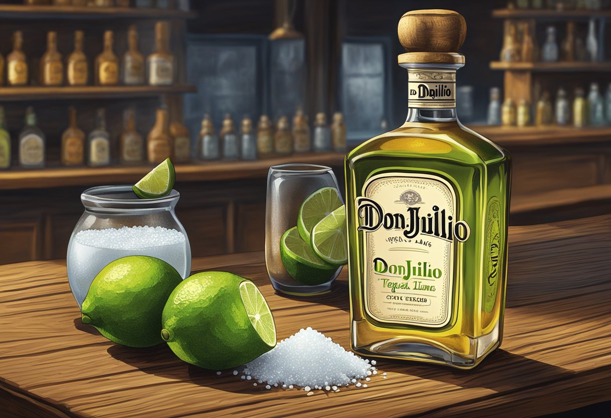 A bottle of Don Julio Tequila sits on a rustic wooden bar counter, surrounded by fresh lime slices and salt shakers. A price tag prominently displays the cost