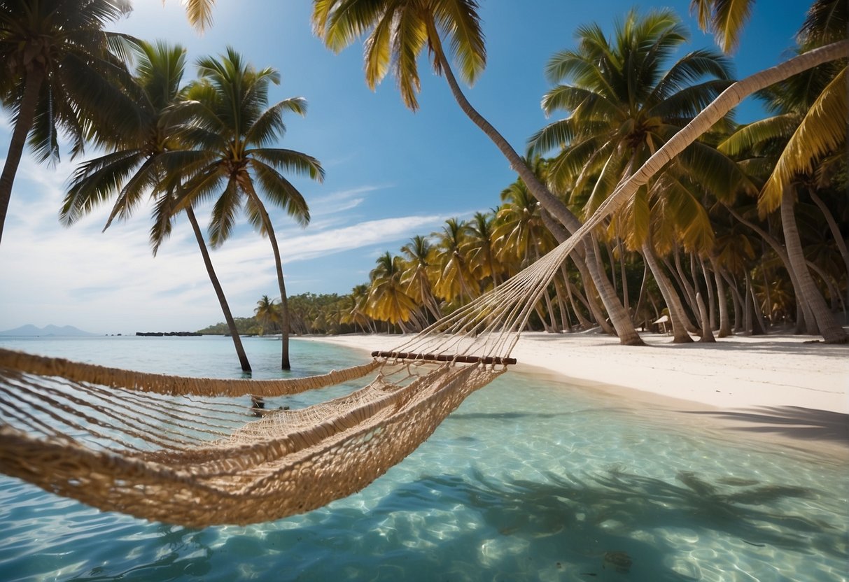 A serene beach with palm trees, clear blue water, and a hammock strung between two trees