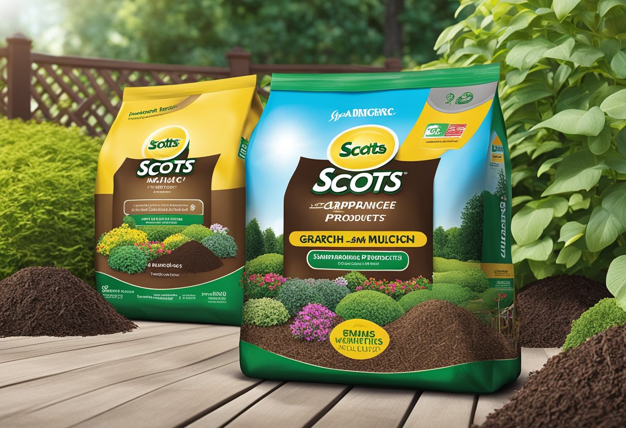 A comparison of vigoro and scotts mulch products in a garden setting, with clear brand logos and packaging displayed prominently