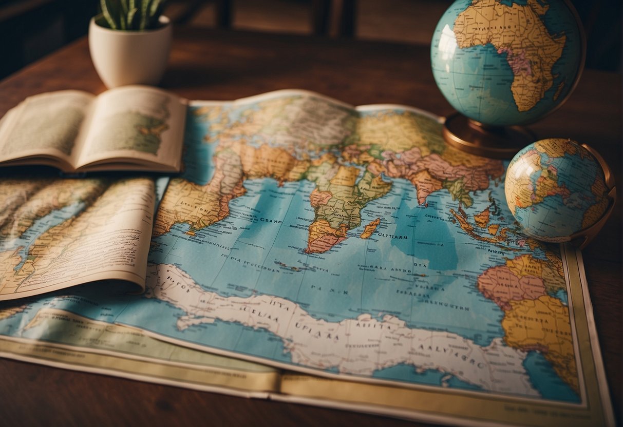 A map with various vacation destinations, surrounded by travel brochures and a globe, with a thought bubble containing images of relaxation, adventure, and exploration
