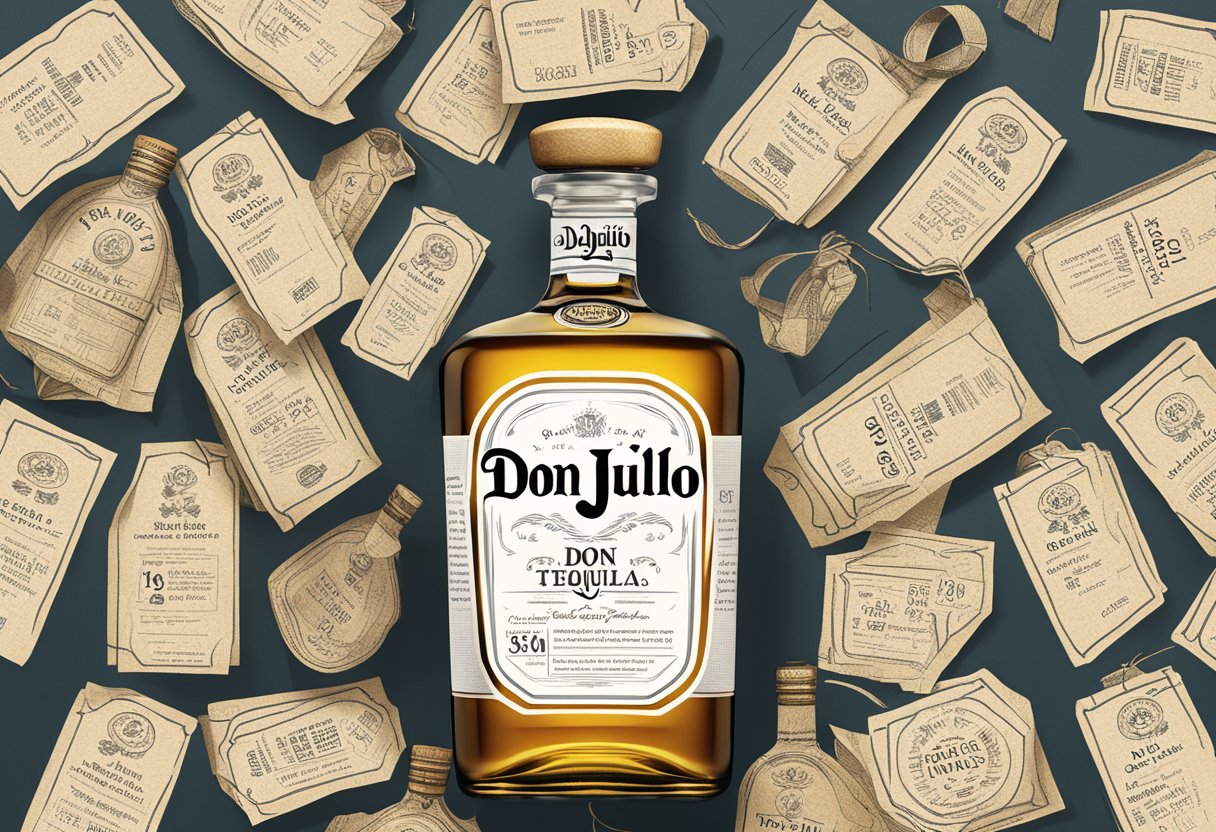 A bottle of Don Julio tequila surrounded by price tags and a list of frequently asked questions