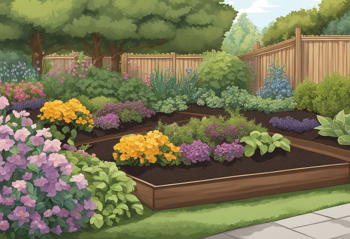 A garden bed with pine bark mulch, surrounded by healthy plants and flowers. The mulch is a rich, dark brown color and has a natural, textured appearance