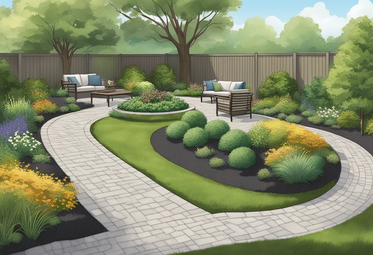 A garden with two separate areas, one covered in pea gravel and the other in mulch. The pea gravel area has a clean, modern look, while the mulch area appears more natural and organic