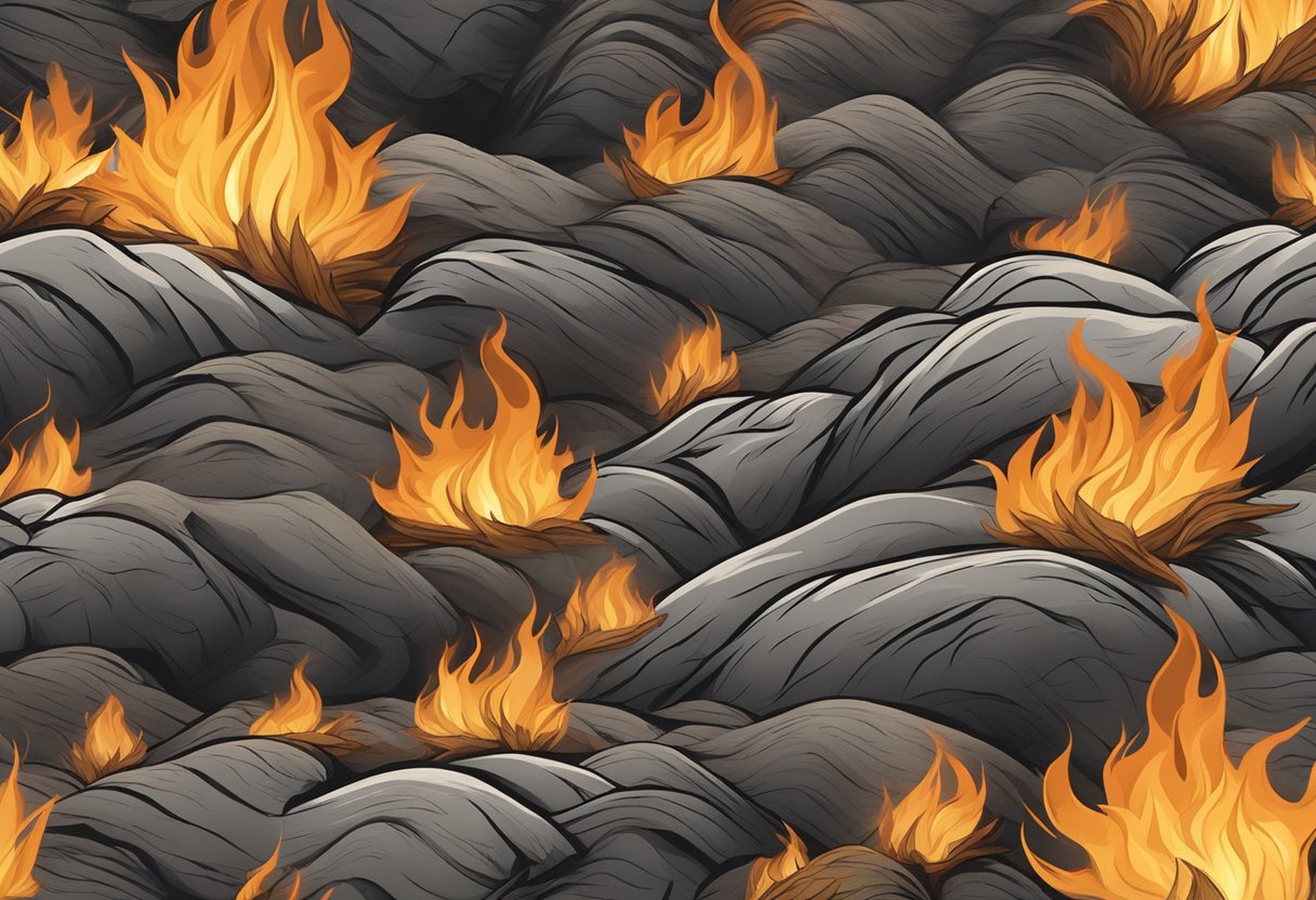 Dry mulch smolders, emitting wisps of smoke, as flames begin to flicker and spread through the pile