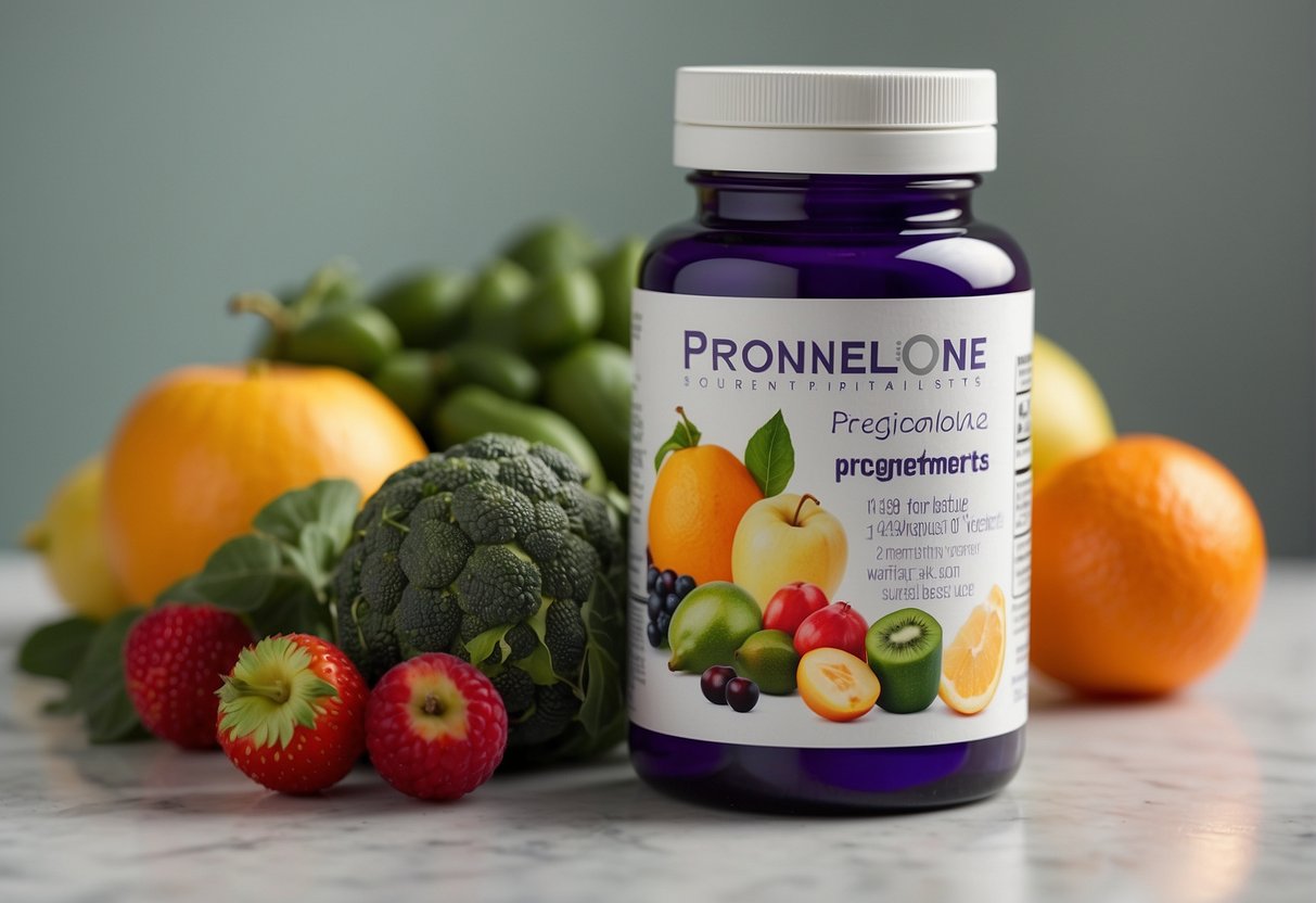 A bottle of pregnenolone supplements sits on a clean, white countertop, surrounded by a variety of colorful fruits and vegetables. The label prominently displays the health benefits for women