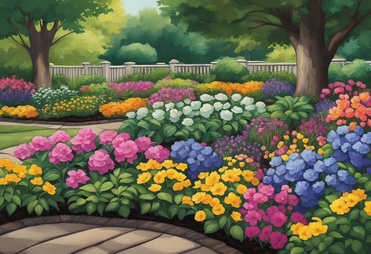 Vibrant flowers bloom in a well-tended garden, surrounded by rich, dark mulch. The mulch retains moisture and suppresses weeds, creating a healthy and beautiful environment for the flowers to thrive