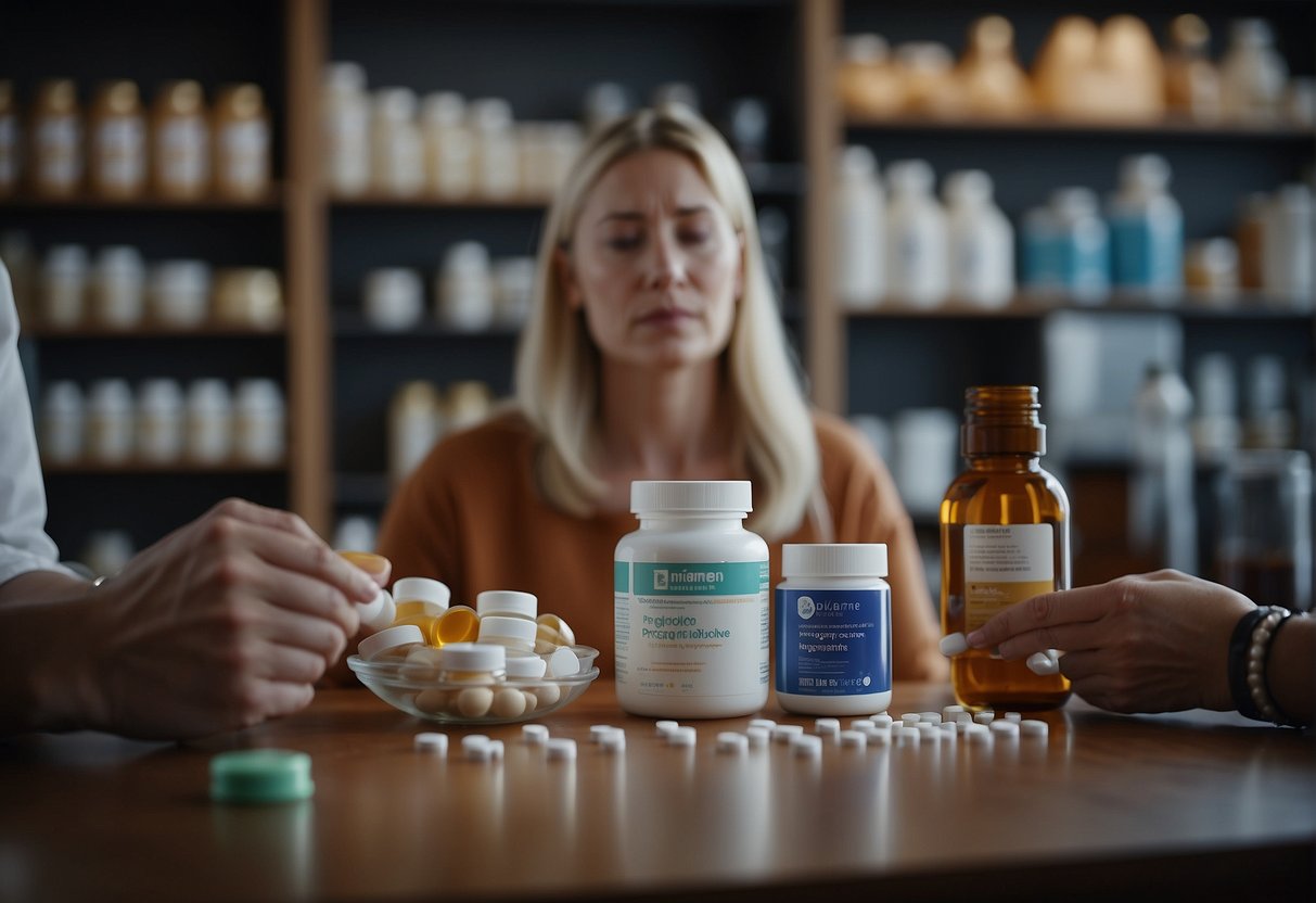 A woman takes pregnenolone supplement while other medications and supplements interact around her