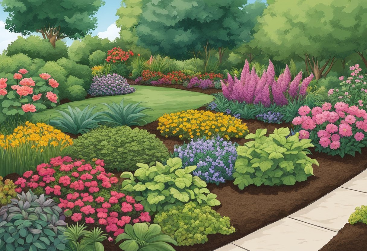 A lush flower garden with various types of mulch spread around the base of the plants. The mulch is shown providing benefits such as moisture retention and weed suppression