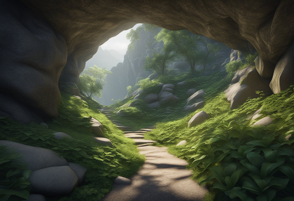 A winding mountain trail leads to a hidden cave entrance, with lush greenery and a sense of mystery