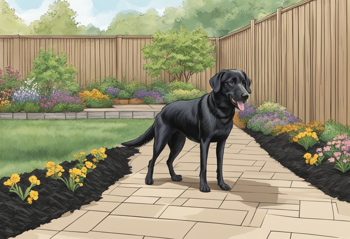 A dog sniffs black mulch in a backyard garden