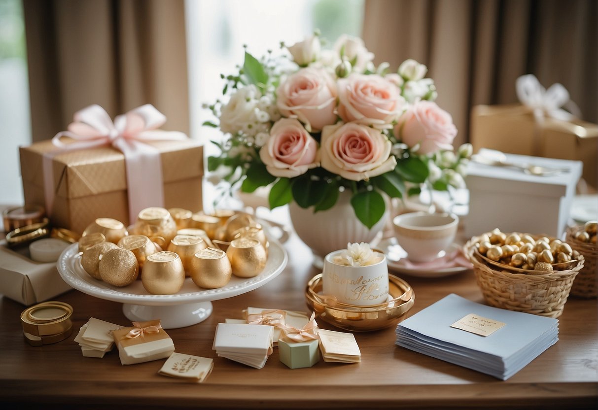 A table adorned with gift baskets, envelopes, and a decorative money box. A sign reads "Bridal Shower Money Gift Ideas" with a display of creative and thoughtful ways to give monetary gifts