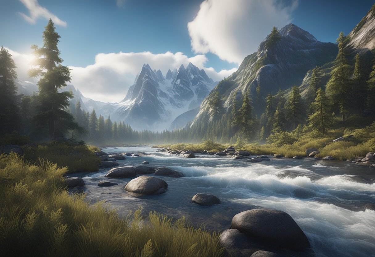 A rugged mountain peak looms in the distance, surrounded by dense forests and rushing rivers. The sky is a deep blue, with wisps of white clouds drifting lazily across the horizon