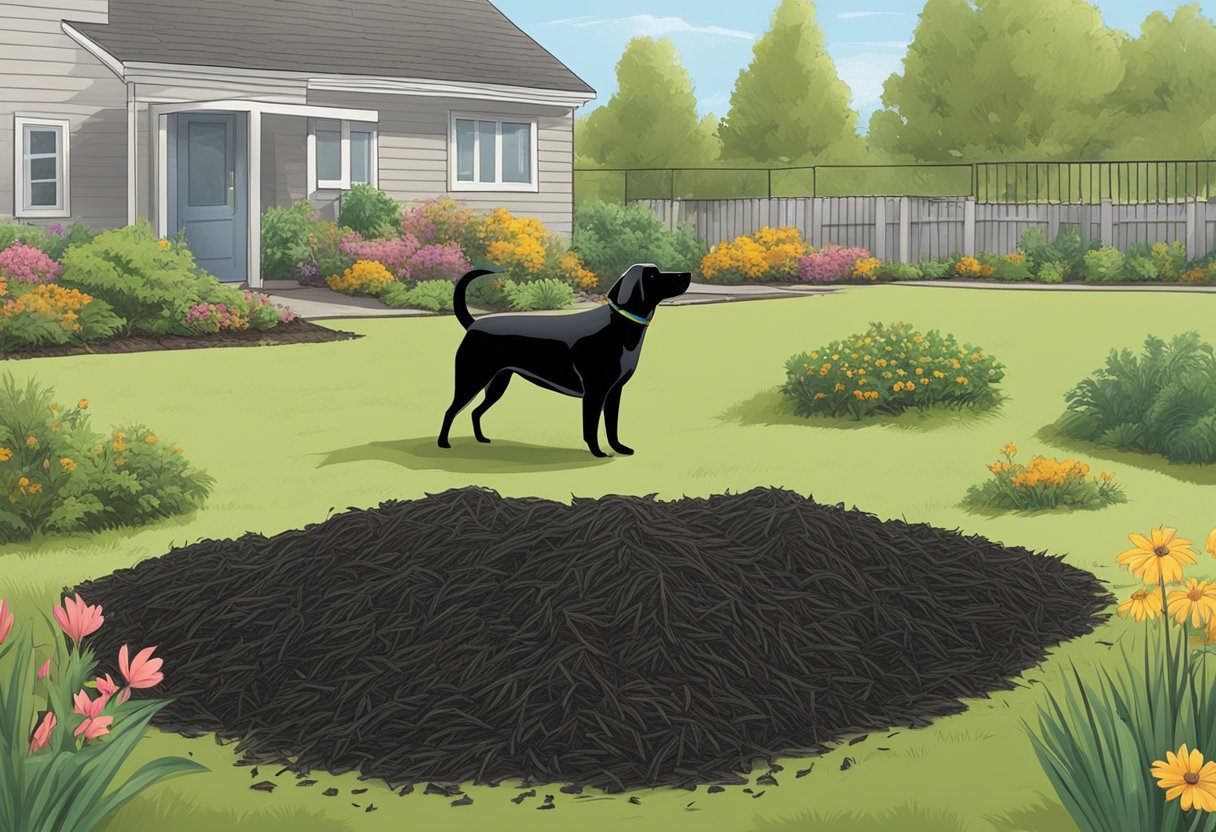 A dog sniffs black mulch in a backyard. Caution sign nearby