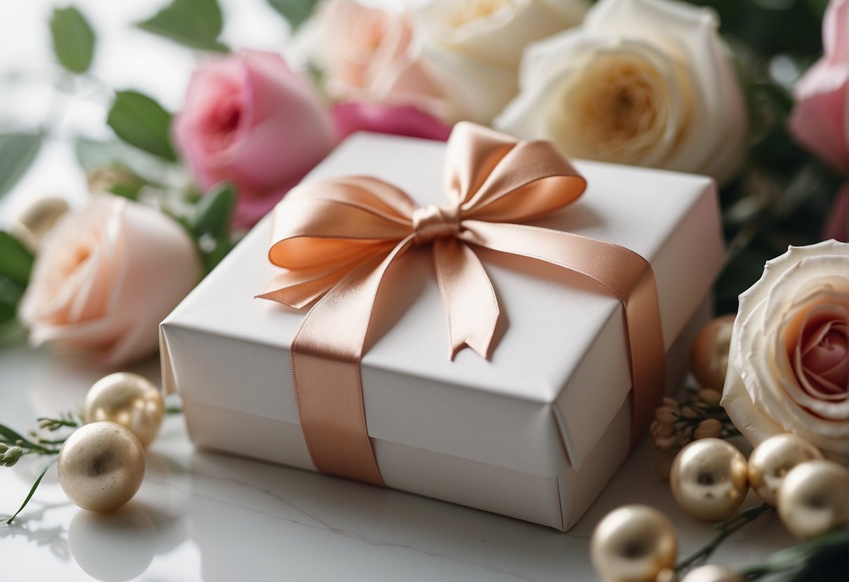 A beautifully wrapped gift box with a ribbon and a card, surrounded by elegant bridal shower decorations and flowers