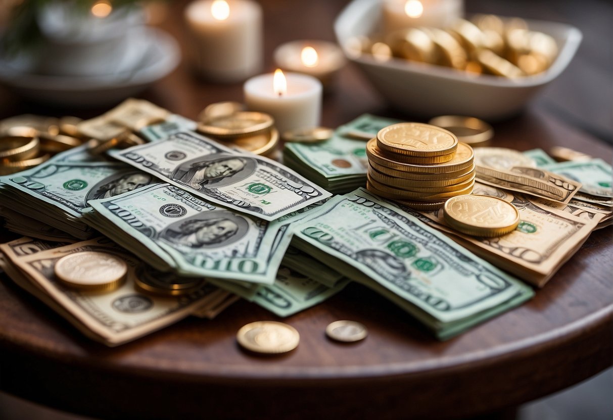 A table displays a mix of traditional and modern bridal shower money gift ideas, including cash, gift cards, and online payment apps