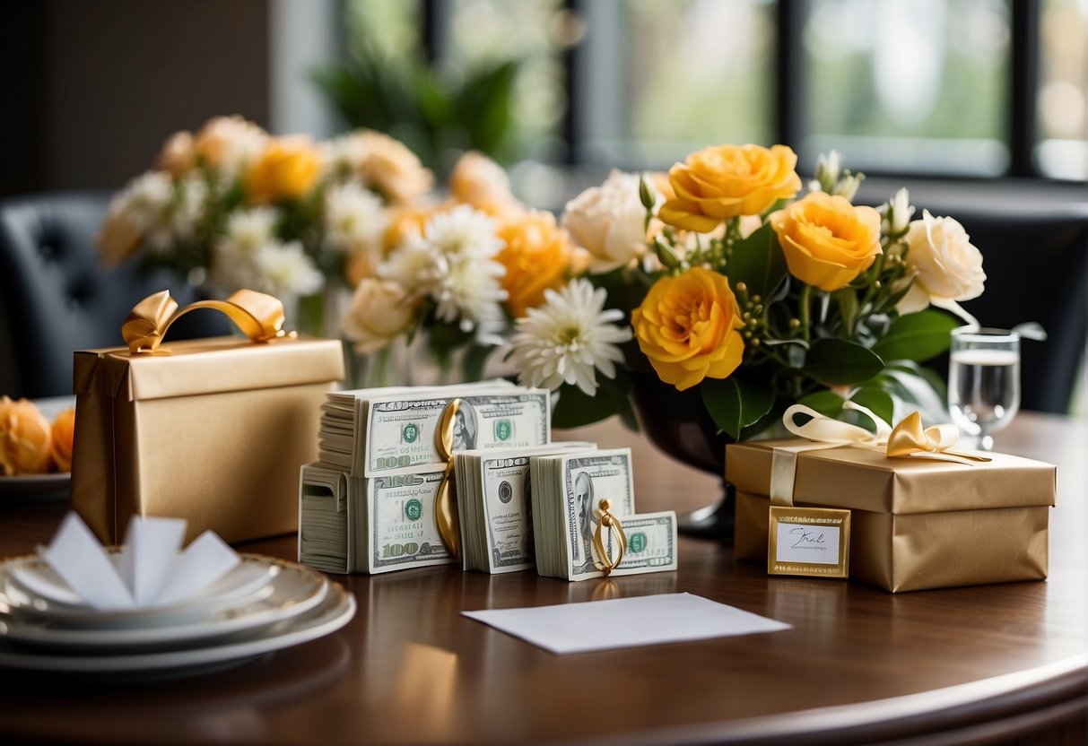 A table adorned with elegant gift bags and envelopes, filled with cash and checks, surrounded by delicate floral arrangements and sparkling decorations