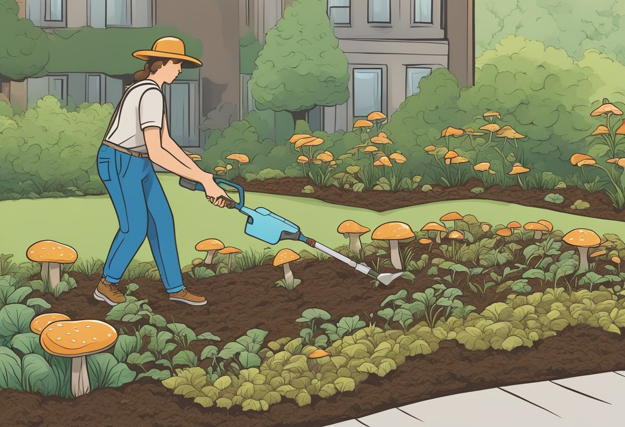 Mulch spread around a garden bed, with mushrooms growing in between. A person applying a fungicide spray to the mulch to kill the mushrooms