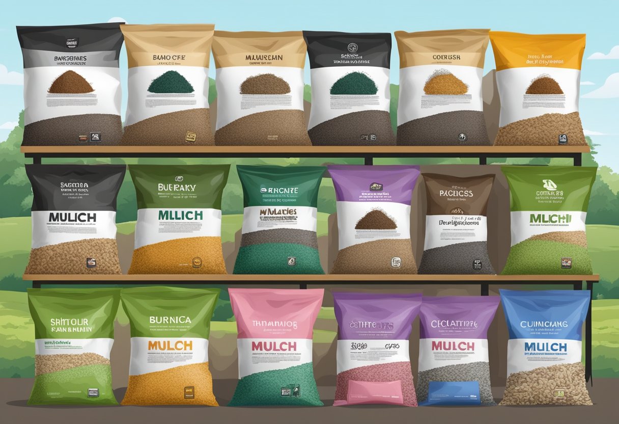 Various bags of mulch stacked neatly on display, labeled with different types and brands. Bright colors and clear descriptions make it easy for customers to choose