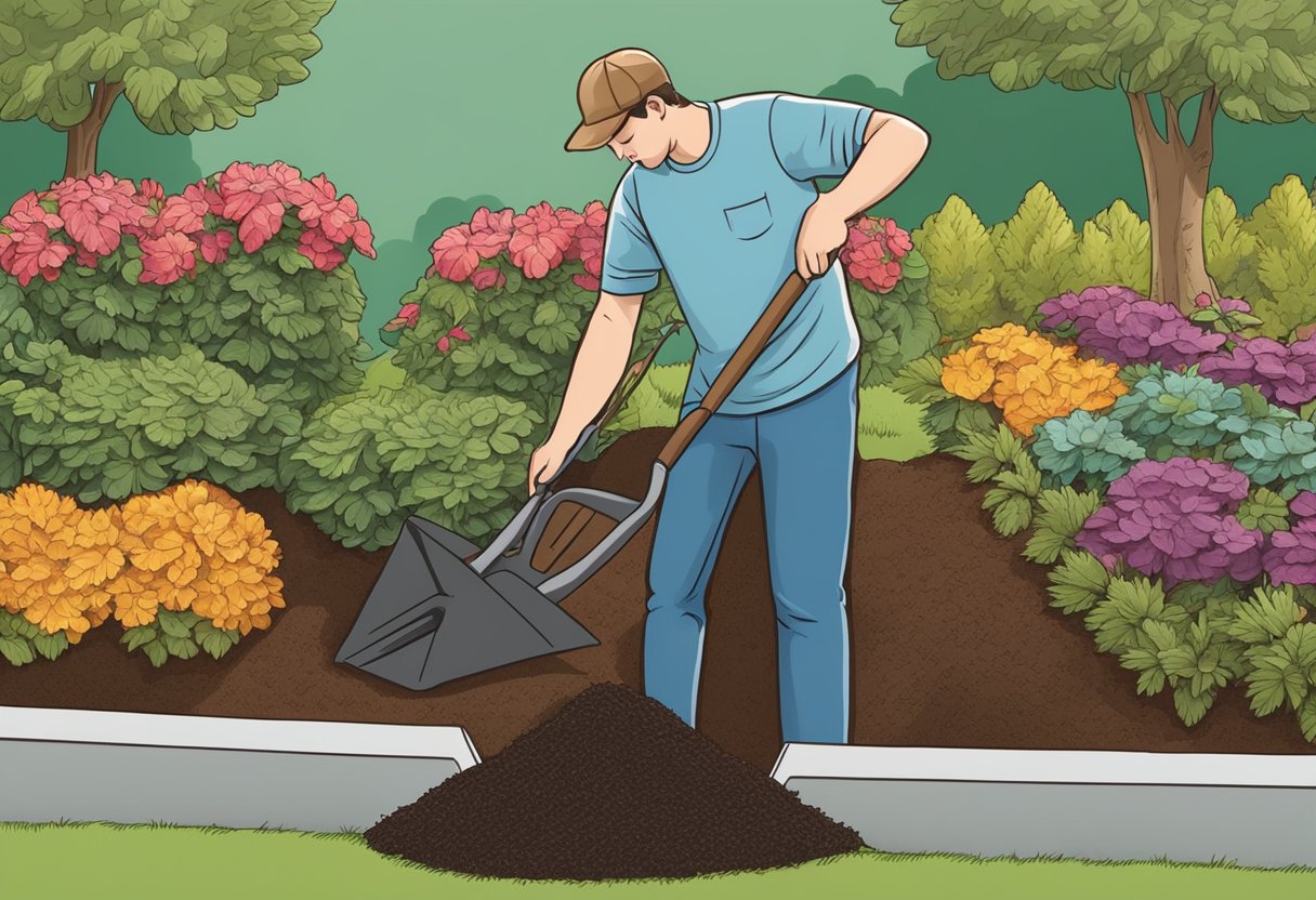 A person pouring bagged mulch onto a garden bed, then spreading it evenly with a rake
