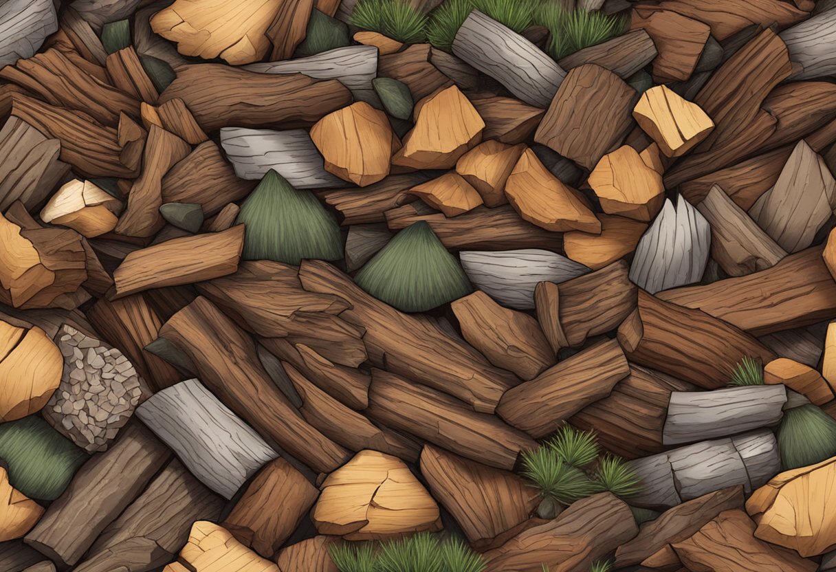 Pine bark nuggets lay scattered on the ground, contrasting with other mulch types. The texture and color differences are evident