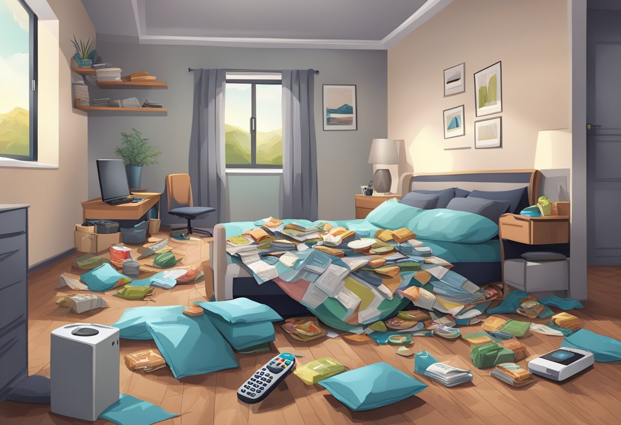 A cluttered room with a messy bed, empty food wrappers, and a remote control on the floor