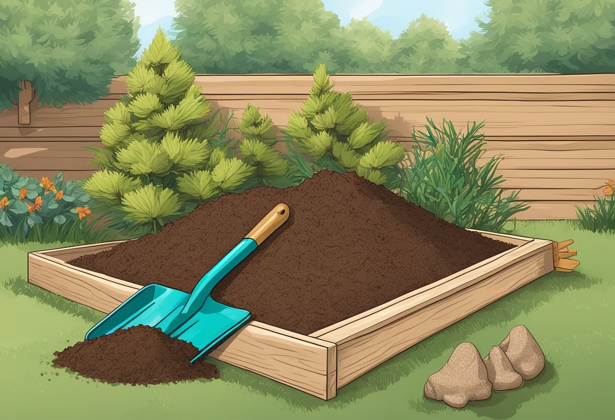 Pine bark nuggets and mulch arranged in a garden bed, with a shovel and gloves nearby. Instructions for application and care displayed on a sign