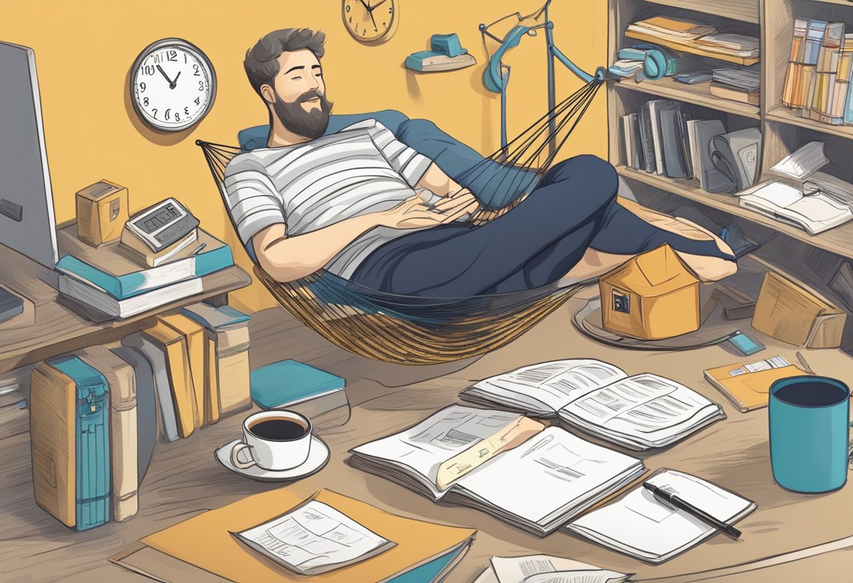 A cluttered desk with untouched work, a person lounging in a hammock, and a clock showing the passing hours