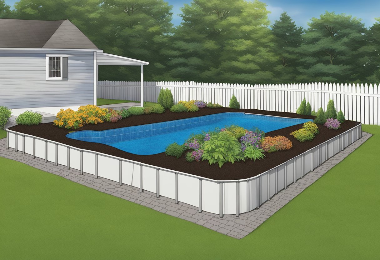Mulch surrounds an above ground pool, creating a natural and tidy border
