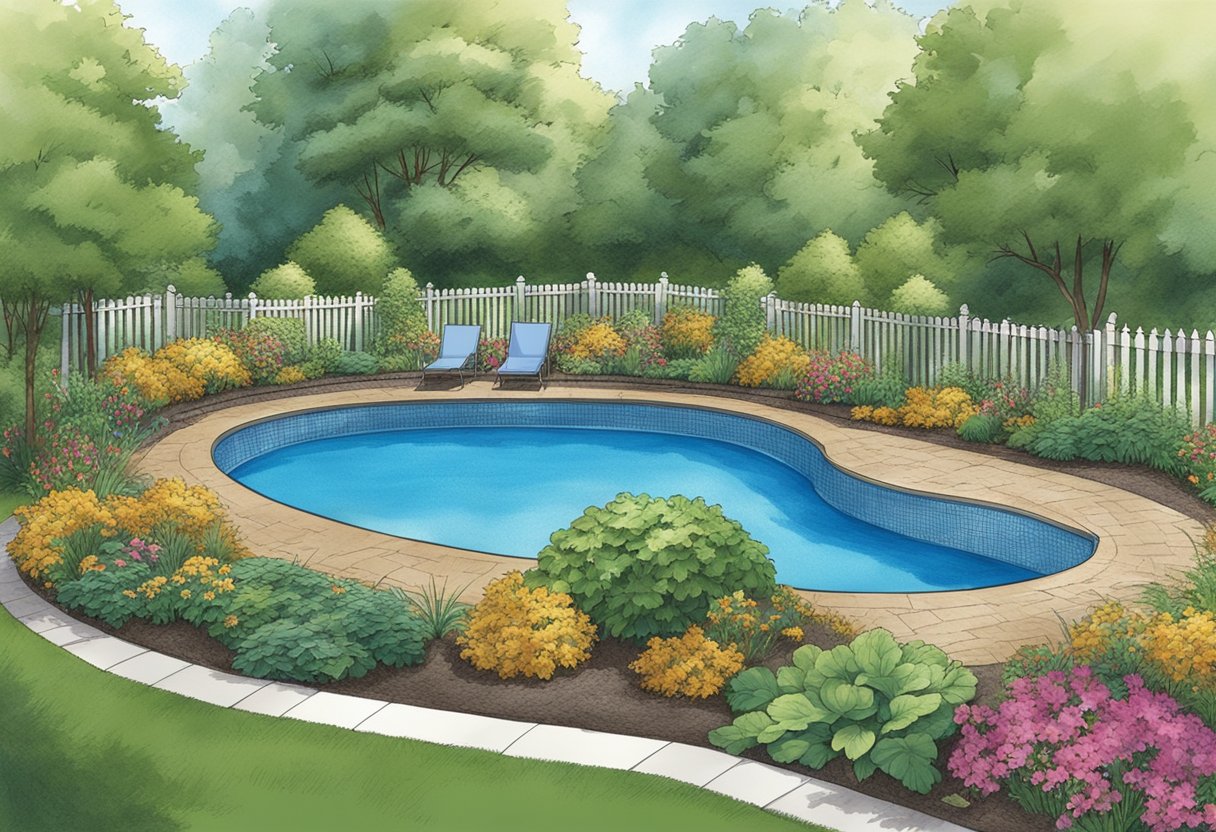 Mulch surrounds an above ground pool, creating a natural border between the pool and the surrounding landscape
