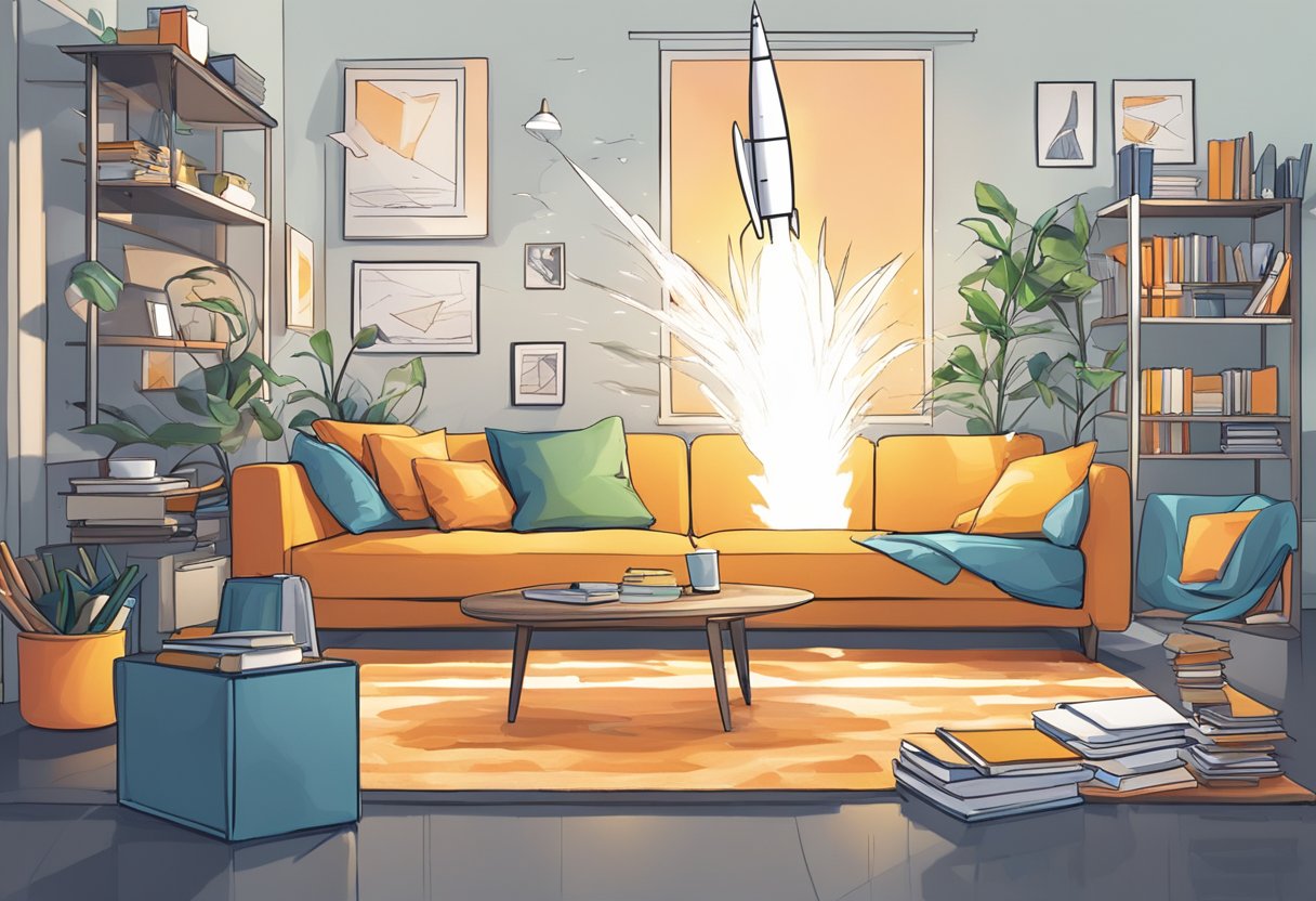 A rocket blasting off from a couch, surrounded by clutter, towards a bright, organized workspace