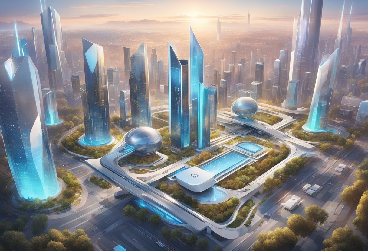Apple, Netflix, Google, Tesla, and Alibaba showcase innovation through sleek, cutting-edge technology and futuristic designs. Bright, futuristic cityscape in the background