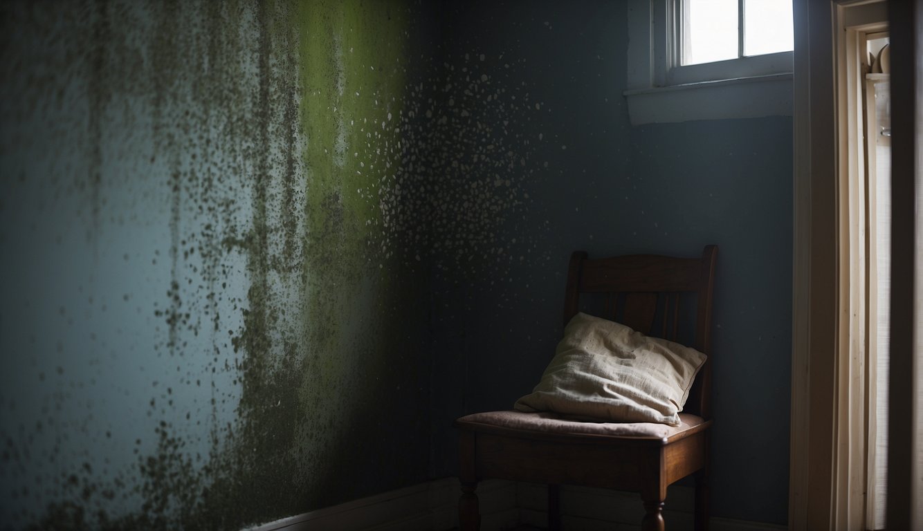 A dark, damp corner of a home with visible mold growth on walls and ceilings. Family members exhibit symptoms of mold-related illness such as coughing and sneezing