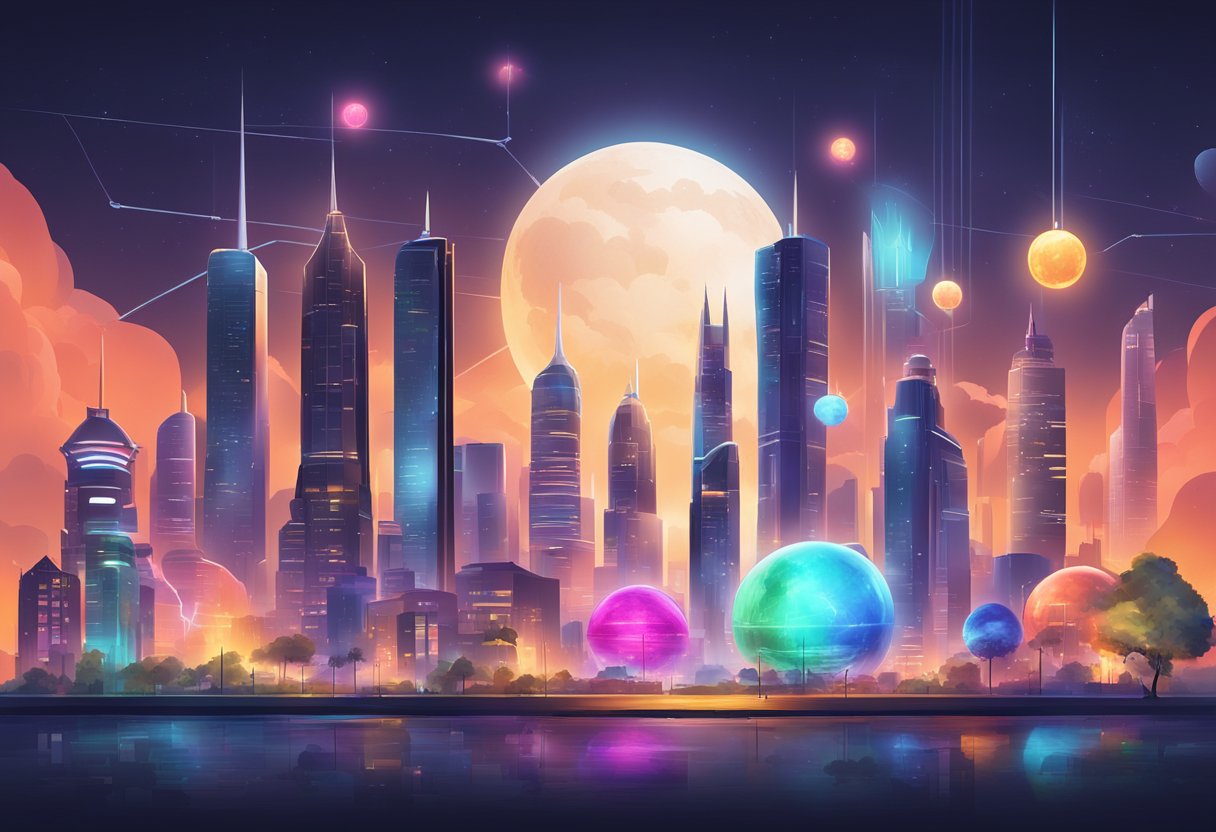 A futuristic cityscape with iconic buildings of Apple, Netflix, Google, Tesla, and Alibaba glowing with vibrant lights against a dark sky