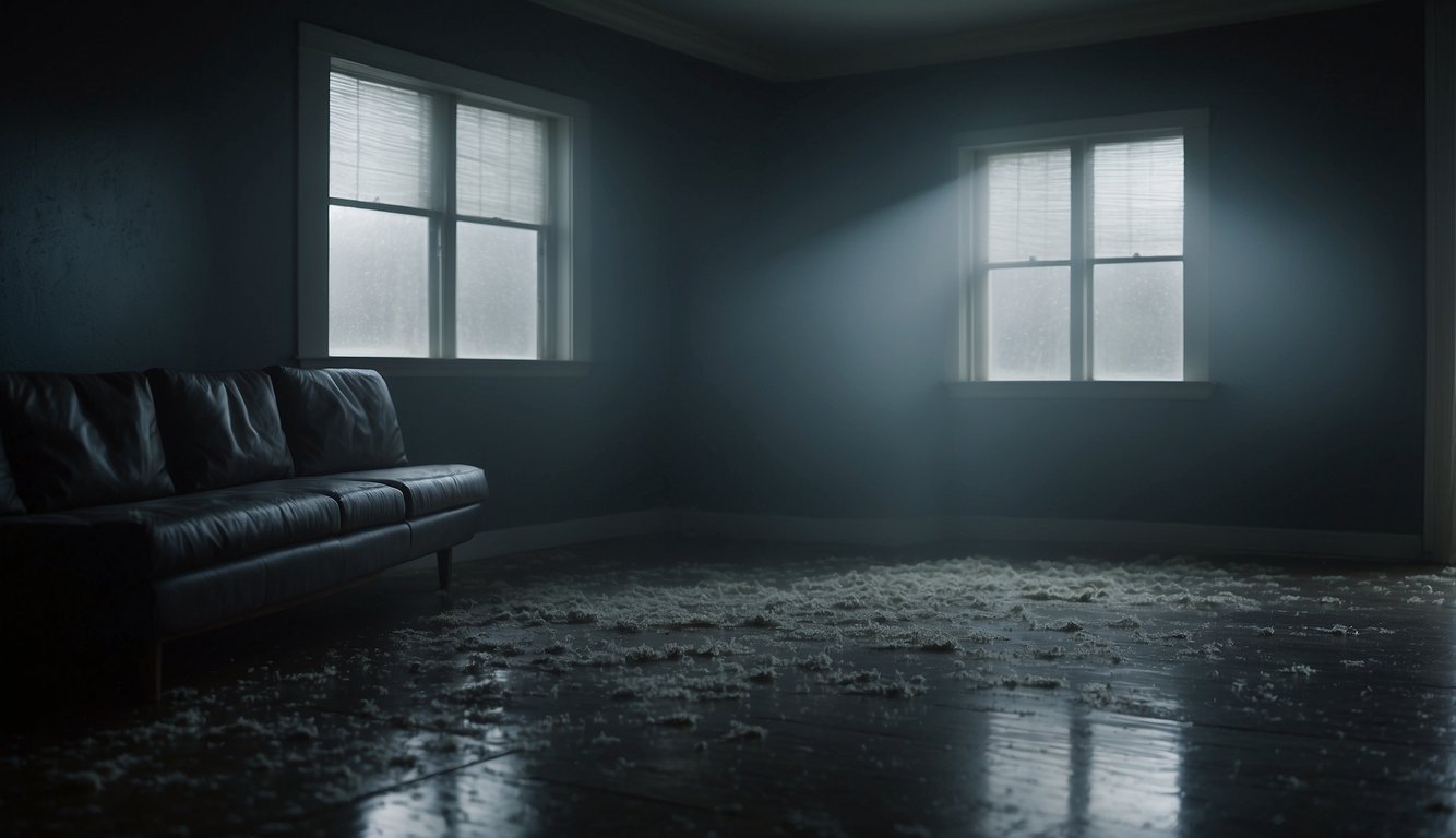 A dark, damp room with visible mold growth on walls and ceilings. Family members show symptoms of coughing, sneezing, and skin irritation