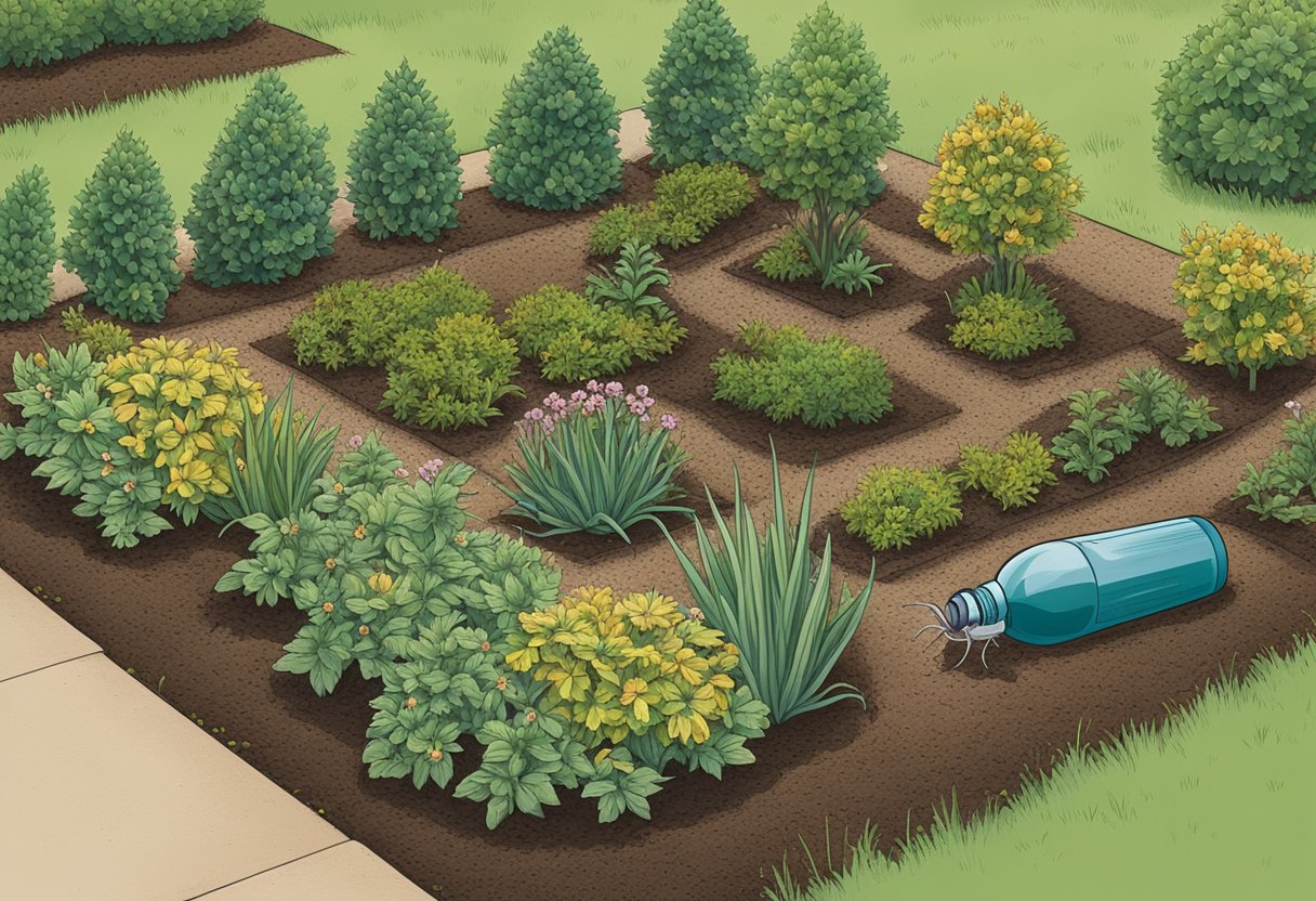 Cypress mulch surrounds a garden bed, with bugs avoiding the area. A bottle of pest repellent sits nearby