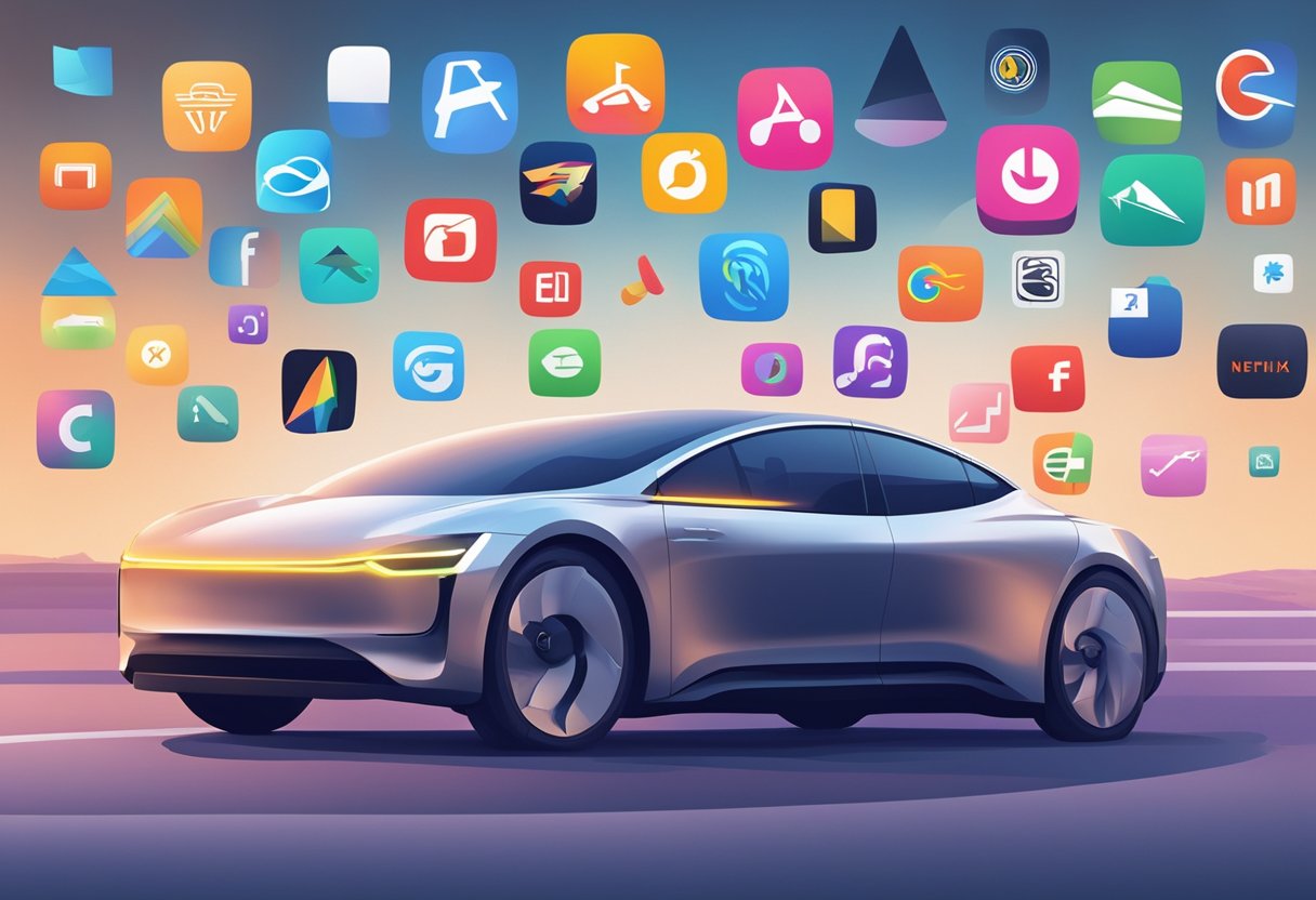 A sleek electric car drives past iconic tech company logos, symbolizing the revolution of electric mobility and innovation in companies like Apple, Netflix, Google, Tesla, and Alibaba