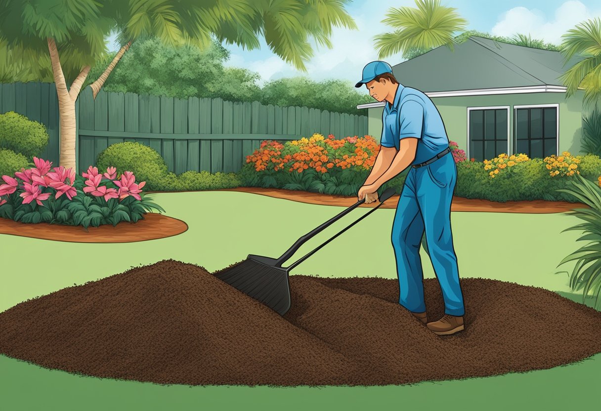 A landscaper spreads mulch around a vibrant Florida garden, ensuring even coverage and maintenance for healthy plant growth