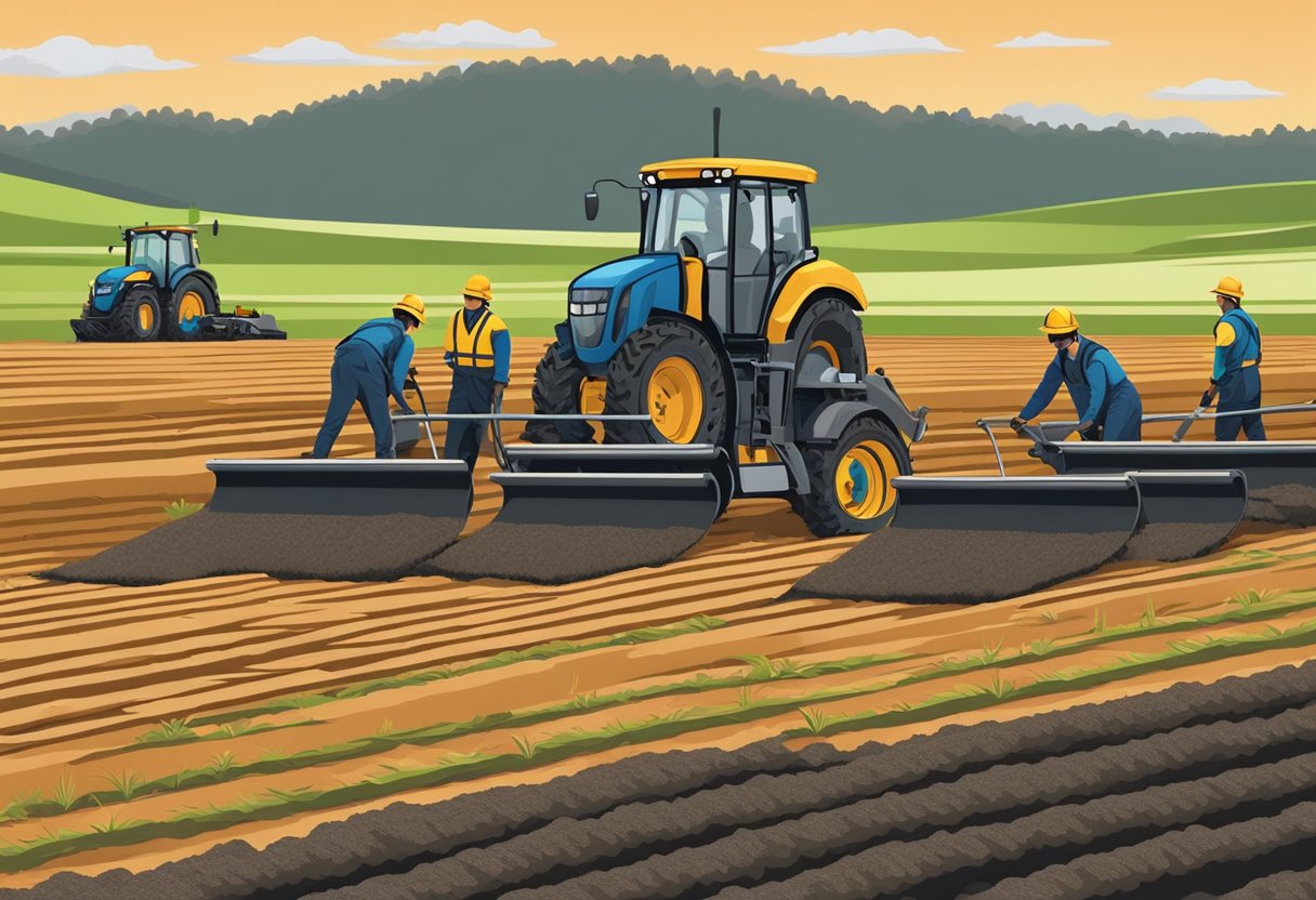 Reflective mulch being laid in rows by workers in a field
