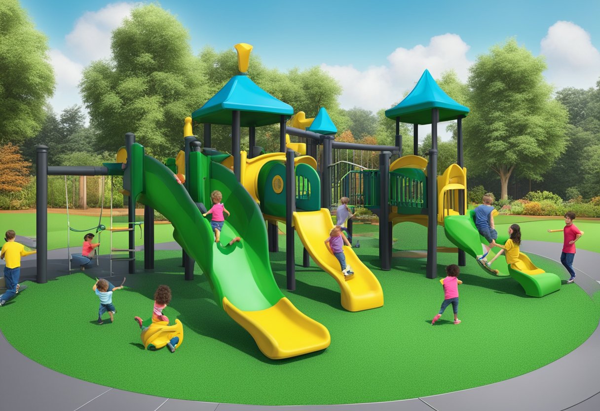 A playground covered in vibrant green rubber mulch, scattered with small bits and providing a soft, cushioned surface