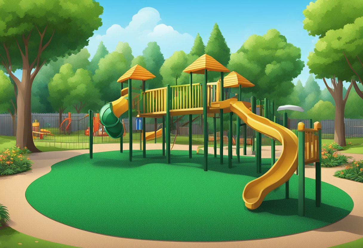 Green rubber mulch scattered across a playground, with vibrant color and soft texture