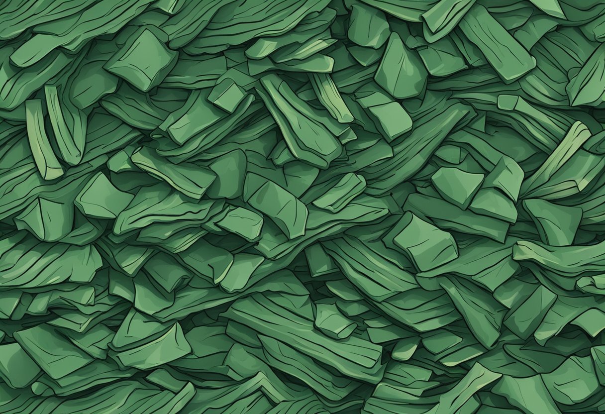 A pile of green rubber mulch, scattered on the ground with a few pieces stacked on top of each other, showing its texture and color variation