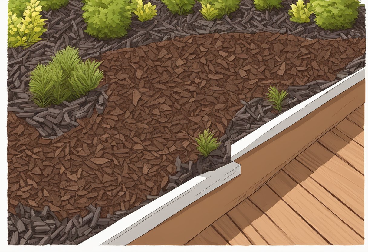 Pine bark mulch contrasts with hardwood mulch in a garden bed. The pine bark mulch is a reddish-brown color, while the hardwood mulch is a darker, richer brown. The texture of the pine bark mulch is rough