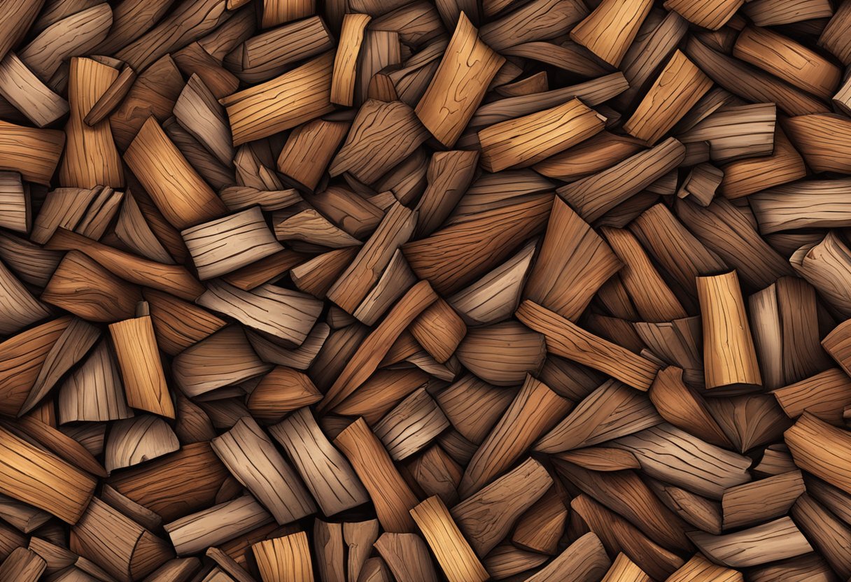 A pile of pine bark and hardwood mulch side by side, with distinct textures and colors
